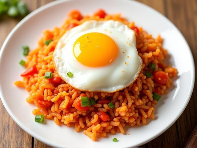 접시에 담긴 김치볶음밥, 계란 후라이와 함께