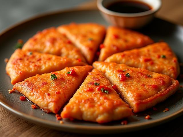 바삭하게 부쳐진 김치 팬케이크 접시